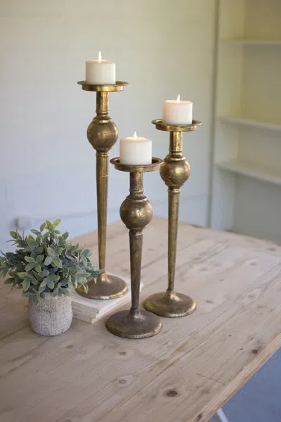 Kalalou Set Of Three Antique Brass Finish Candle Stands In Brown