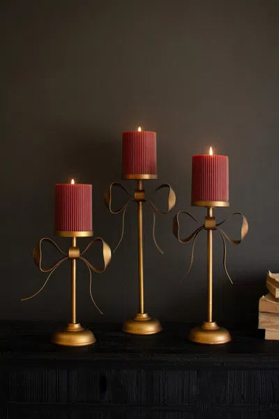 Kalalou Set Of Three Antique Brass Pillar Candle Stands -bow Detail
