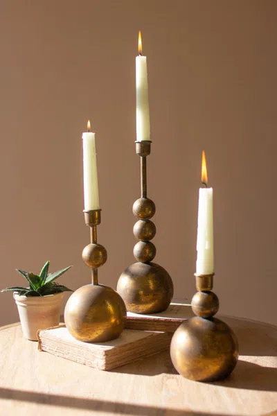 Kalalou Set Of Three Antique Brass Taper Candle Holders