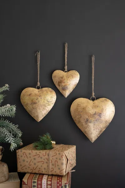 Kalalou Set Of Three Antique Gold Christmas Heart Door Hangers In Neutral