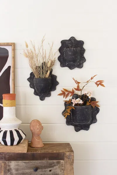 Kalalou Set Of Three Black Wavy Clay Wall Planters In Gray