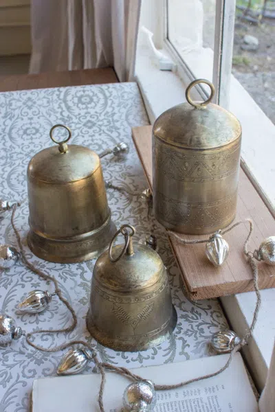 Kalalou Set Of Three Brass Finish Bells In Silver