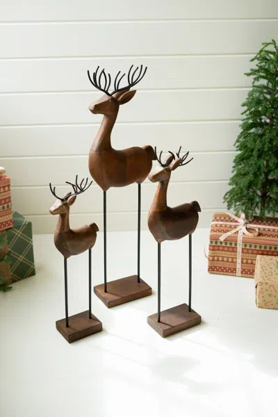 Kalalou Set Of Three Carved Wood And Iron Reindeer On Bases