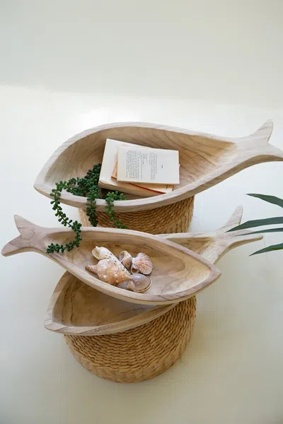 Kalalou Set Of Three Carved Wood Fish Platters