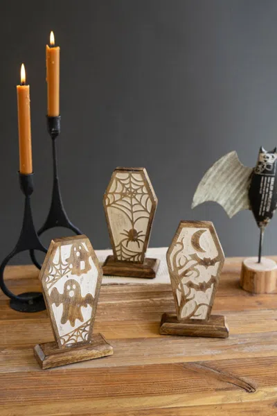 Kalalou Set Of Three Carved Wooden Halloween Coffin Scenes