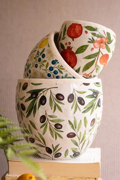 Kalalou Set Of Three Cement Planters - Olives, Lemons And Pomegranates In Multi