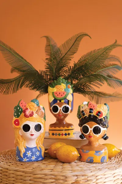 Kalalou Set Of Three Ceramic Ladies Vases With Fruit Hats In Multi