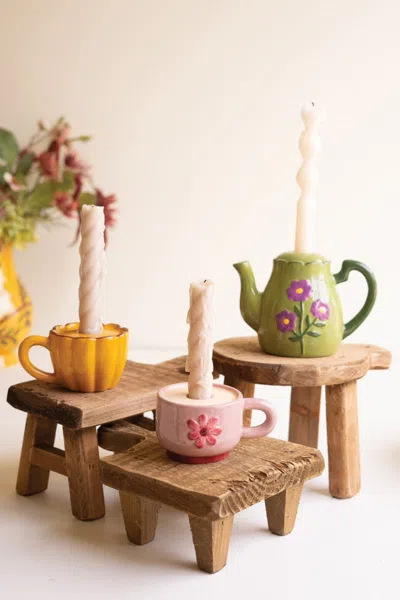 Kalalou Set Of Three Ceramic Teapot & 2 Cups Taper Candle Holders In Multi