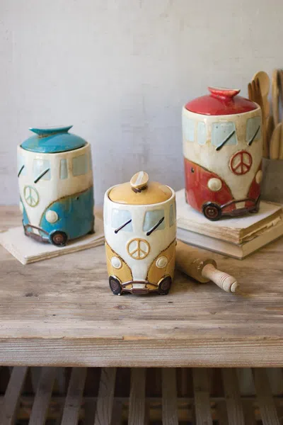 Kalalou Set Of Three Ceramic Van Canisters With Surfboard Handles