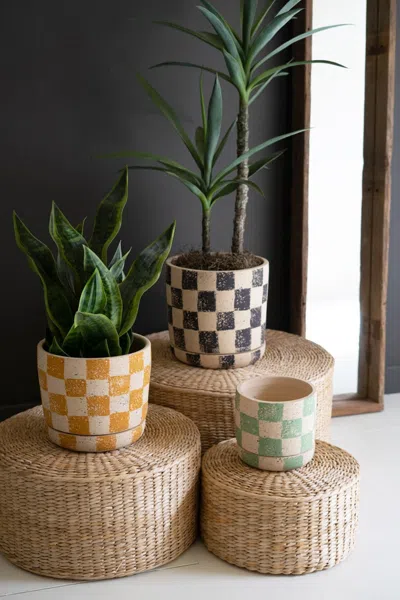 Kalalou Set Of Three Checkered Clay Planters With Trays