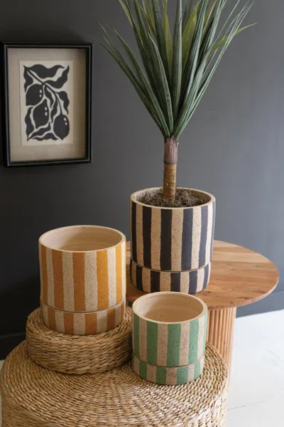 Kalalou Set Of Three Clay Planters With Striped Details + Trays -one Each Size In Multi