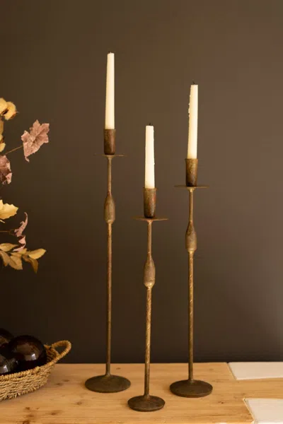 Kalalou Set Of Three Forged Iron Taper Candle Holders In Brown
