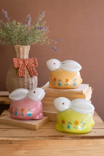 Kalalou Set Of Three Hand Painted Glass Bunnies In Multi