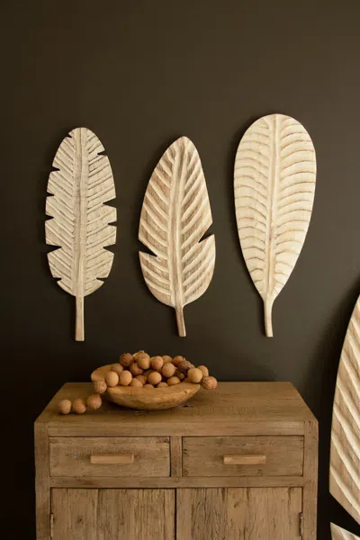 Kalalou Set Of Three Hand-carved Paulownia Wood Leaves In Neutral