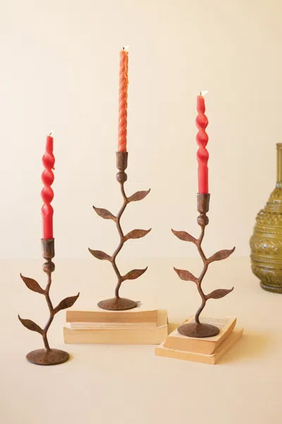 Kalalou Set Of Three Iron Vines Taper Candle Holders In Brown