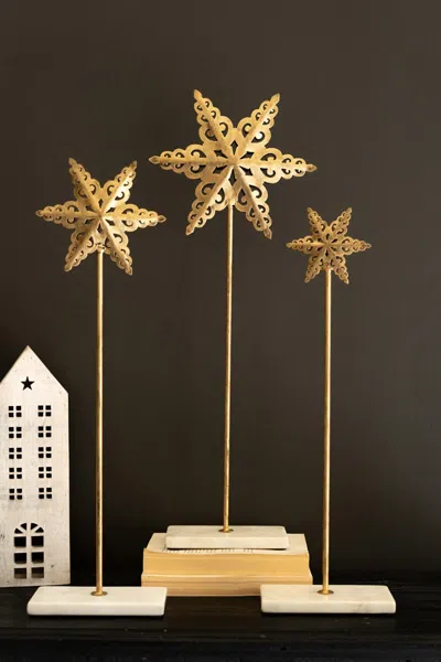 Kalalou Set Of Three Metal Stars On Marble Bases In Gold