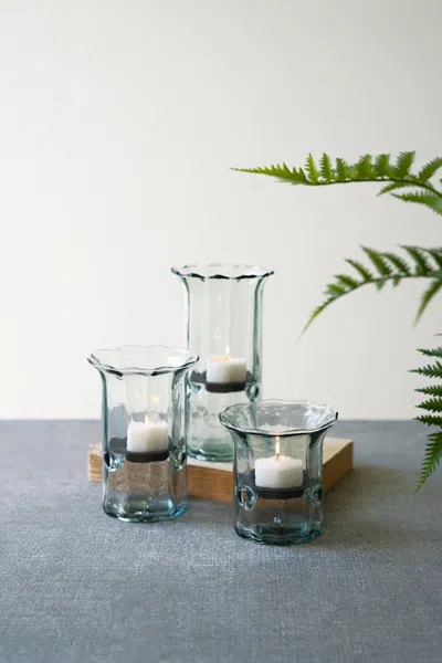 Kalalou Set Of Three Recycled Glass Ribbed Votive Cylinders