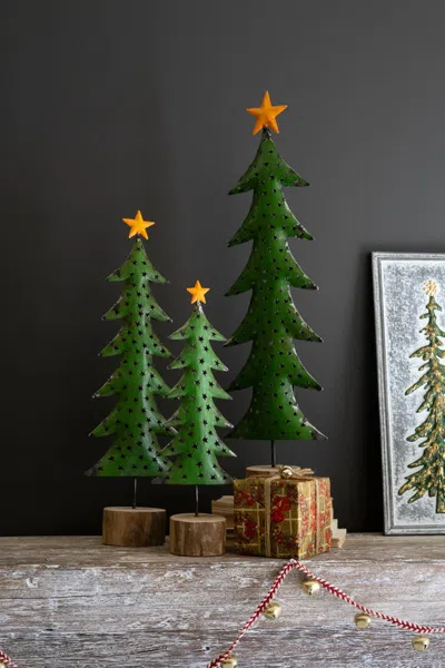Kalalou Set Of Three Recycled Metal Christmas Trees On Wood Bases In Green
