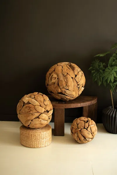 Kalalou Set Of Three Recycled Teakwood Spheres In Brown