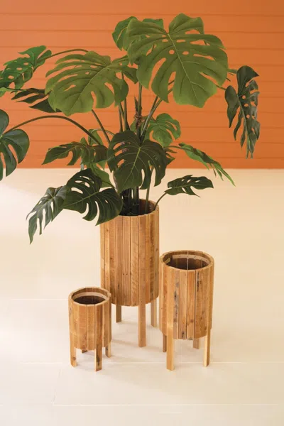 Kalalou Set Of Three Round Recycled Wood Planters In Brown