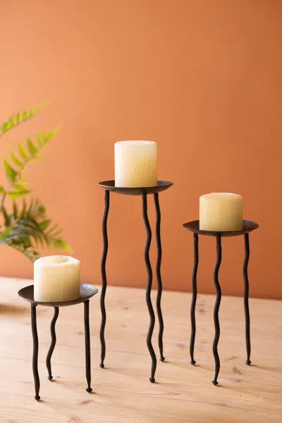 Kalalou Set Of Three Rustic Metal Candle Stands With Wavy Legs In Black
