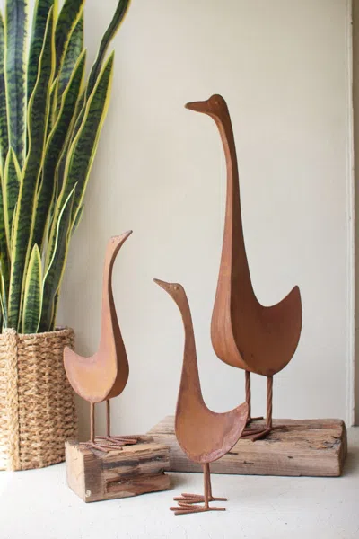 Kalalou Set Of Three Rustic Metal Geese In Brown
