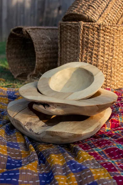 Kalalou Set Of Three Rustic Teakwod Bowls In Neutral
