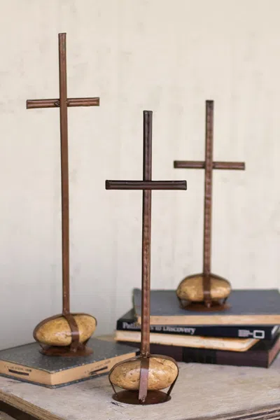 Kalalou Set Of Three Scrap Metal Crosses With Caged Rock Bases In Brown