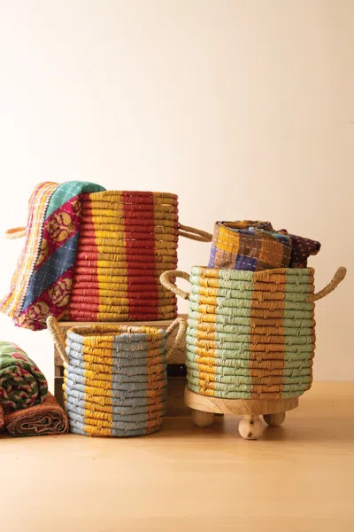 Kalalou Set Of Three Seagrass Basket With Multi-colored Stripes