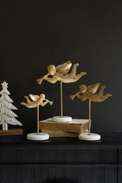 Kalalou Set Of Three Table Top Angels On Marble Bases In Multi