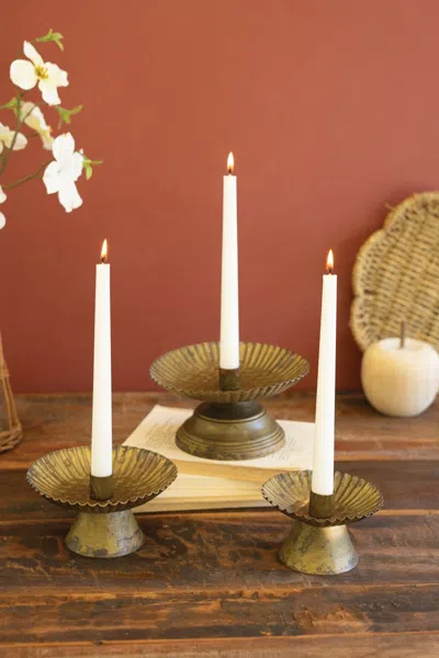 Kalalou Set Of Three Taper Candle Holders W Fluted Bases -ant Gold