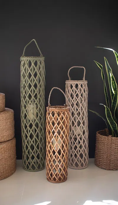 Kalalou Set Of Three Willow Lanterns With Glass Inserts - One Each