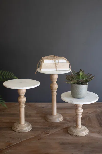 Kalalou Set Of Three Wooden Display Stands With White Marble Tops In Neutral