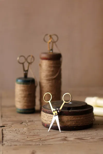 Kalalou Set Of Three Wooden Spools With Jute Twine And Scissors In Silver