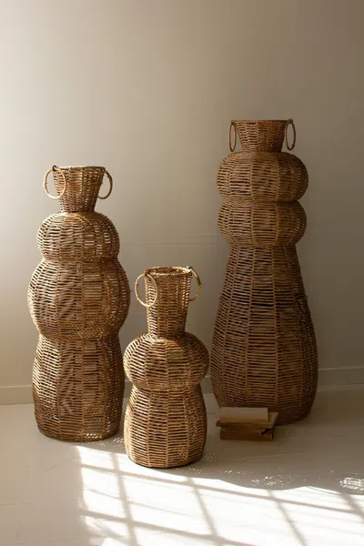 Kalalou Set Of Three Woven Seagrass And Iron Floor Vases