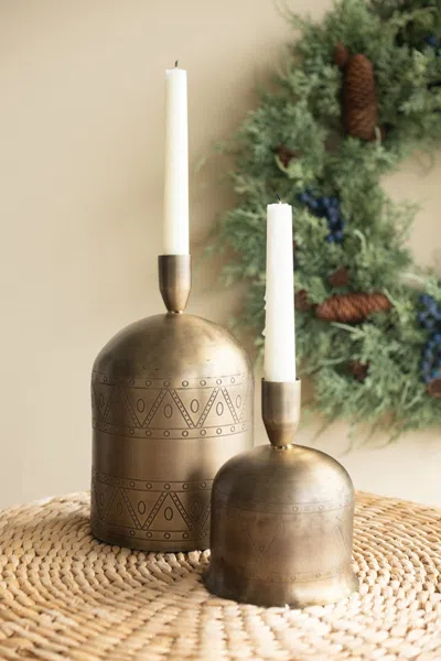 Kalalou Set Of Two Antique Brass Bell Taper Candle Holders In Gray
