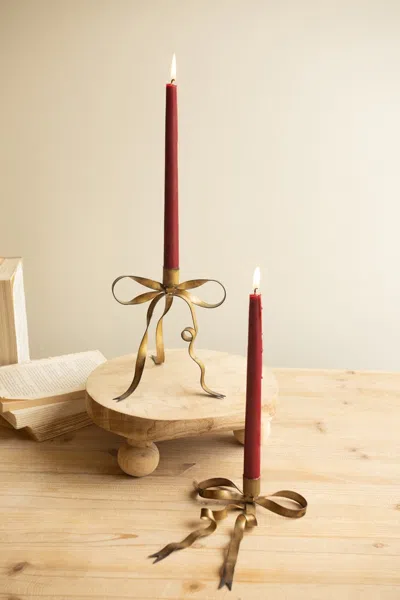 Kalalou Set Of Two Antique Brass Bow Taper Candle Holders In Gold
