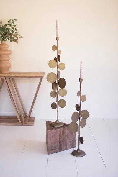 Kalalou Set Of Two Antique Brass Candle Holders With Round Discs Detail