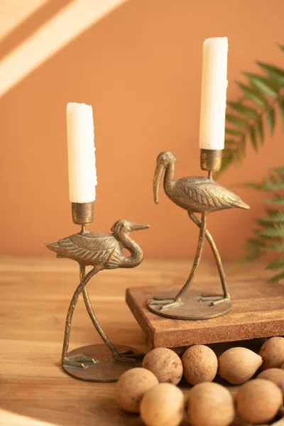 Kalalou Set Of Two Antique Brass Shore Bird Taper Candle Holders In Gold