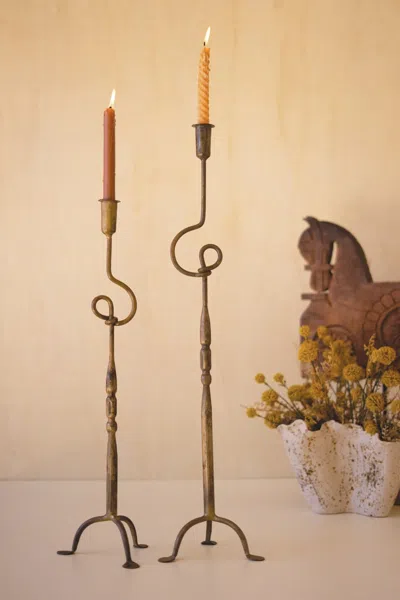 Kalalou Set Of Two Antique Brass Taper Candle Holders - Loops In Brown