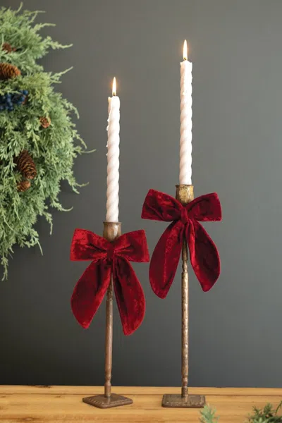 Kalalou Set Of Two Antique Brass Taper Candle Holders W Velvet Bows In Red