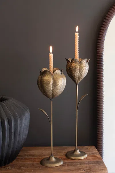 Kalalou Set Of Two Antique Brass Tulip Taper Candle Holders