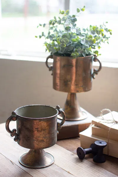 Kalalou Set Of Two Antique Copper Finish Planters With Handles