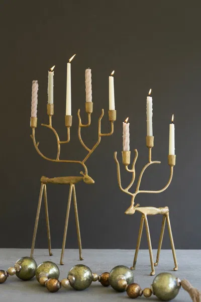Kalalou Set Of Two Antique Gold Forged Christmas Deer Candelabras