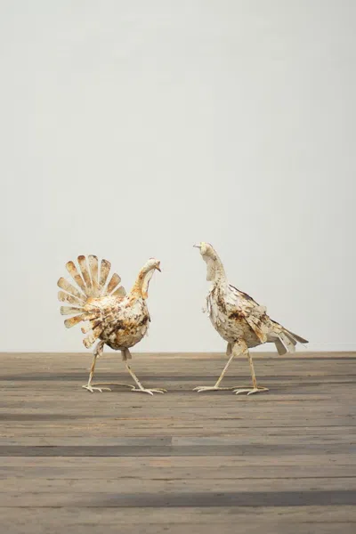 Kalalou Set Of Two Antique White Metal Turkeys