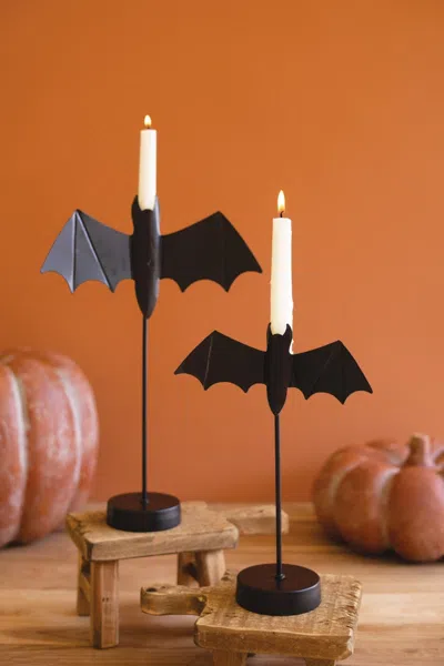 Kalalou Set Of Two Black Bat Taper Candle Holders