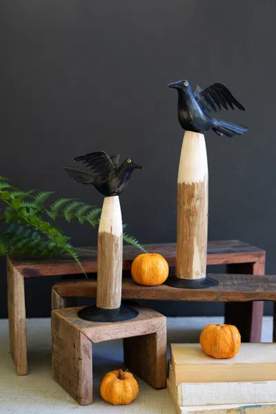 Kalalou Set Of Two Black Iron Crows On Wooden Bases