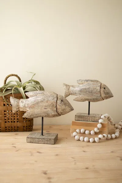 Kalalou Set Of Two Carved Recycled Wooden Fish On Stands In Brown