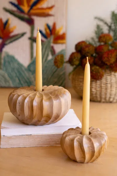 Kalalou Set Of Two Carved Teakwood Pumpkins Taper Candle Holders In Brown