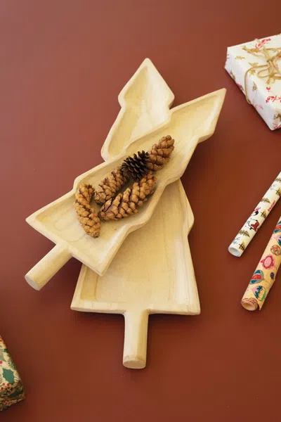 Kalalou Set Of Two Carved Wooden Christmas Tree Platters